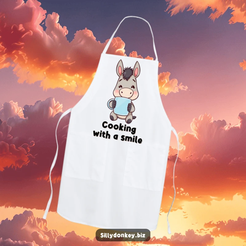 Funny kawaii donkey character wearing an apron, holding a mug with weary cheerfulness. Humorous kitchen accessory for cooks.