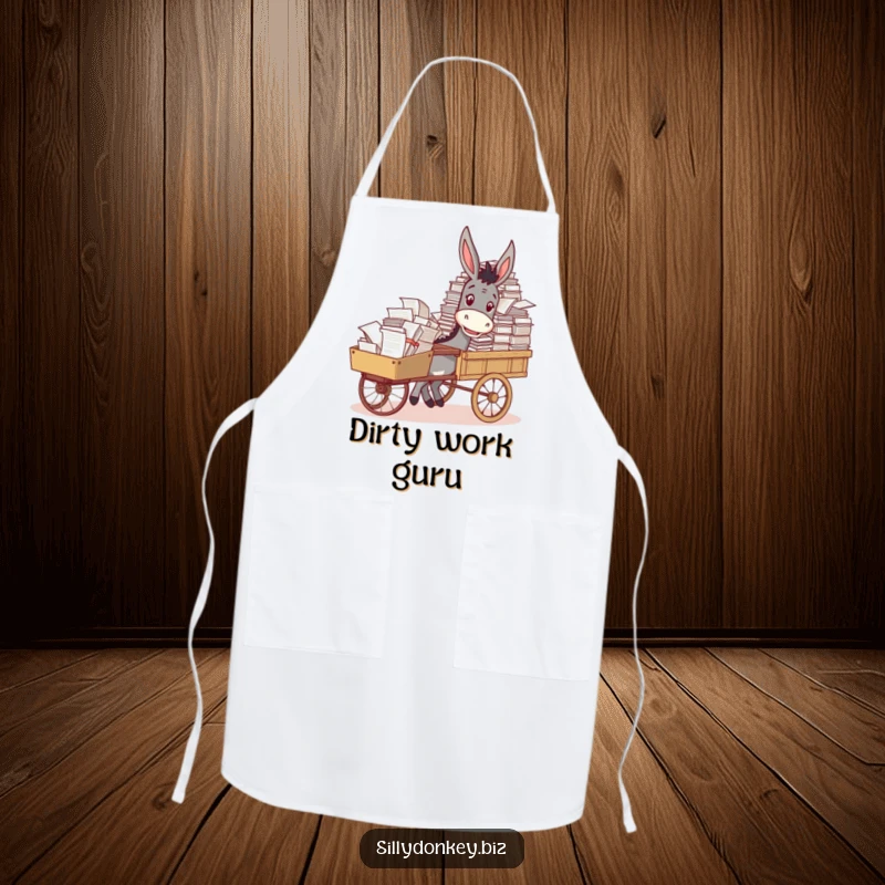 Funny apron with a cheerful donkey pushing a cart packed with papers, a humorous kitchen accessory.