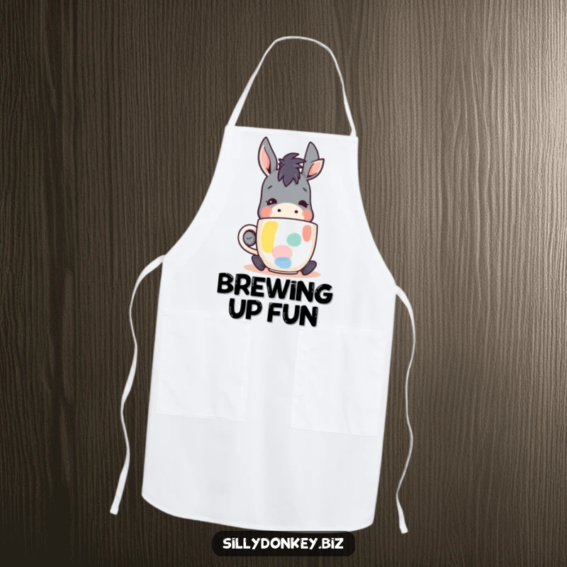 Funny apron showcasing a kawaii donkey character happily sipping from a coffee mug, ideal for kitchen use and coffee-themed humor.