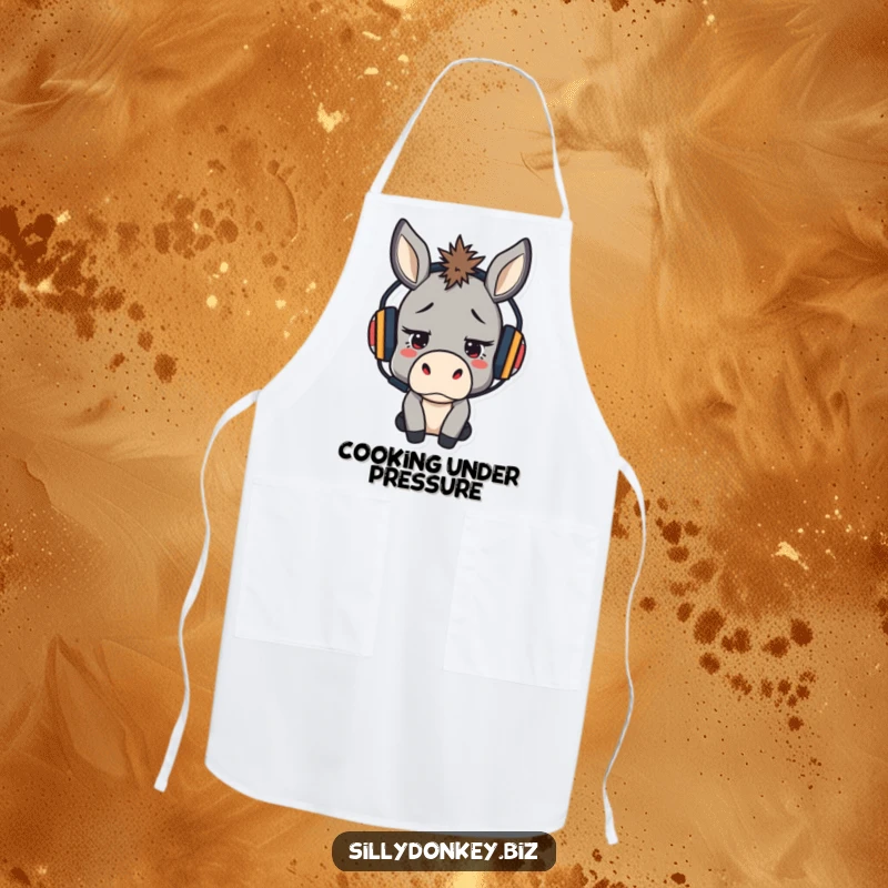 Funny apron with a stressed but determined kawaii donkey wearing a headset, ideal for kitchen focus.