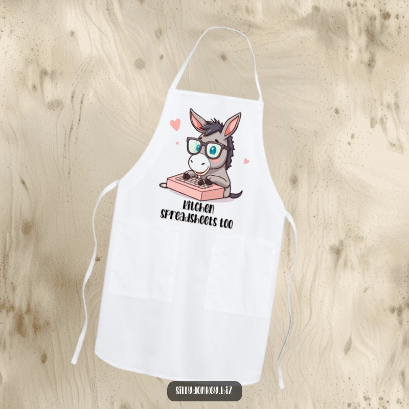 Funny cooking apron with a donkey wearing glasses, typing quickly on a tiny keyboard, a humorous kitchen accessory.