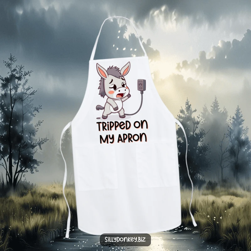 Funny apron with a startled kawaii donkey tripping over a power cord, ideal for kitchen mishaps.