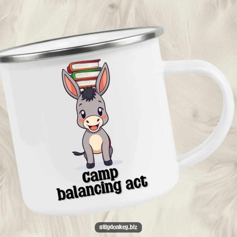 Funny enamel camping mug with a pleased donkey balancing a tall stack of files on its head, for outdoor fans.