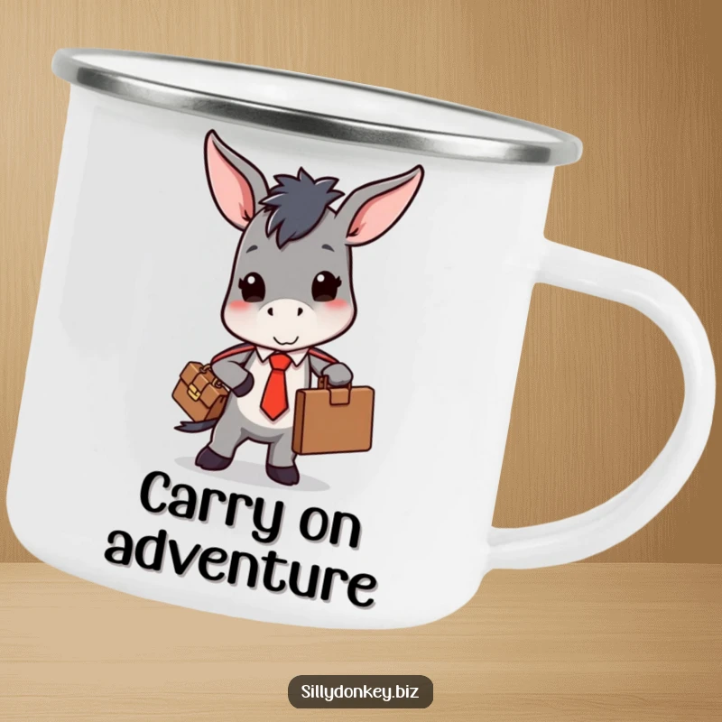 Funny enamel camping mug featuring a kawaii donkey in a tie, struggling with a bulging briefcase, for outdoor humor.