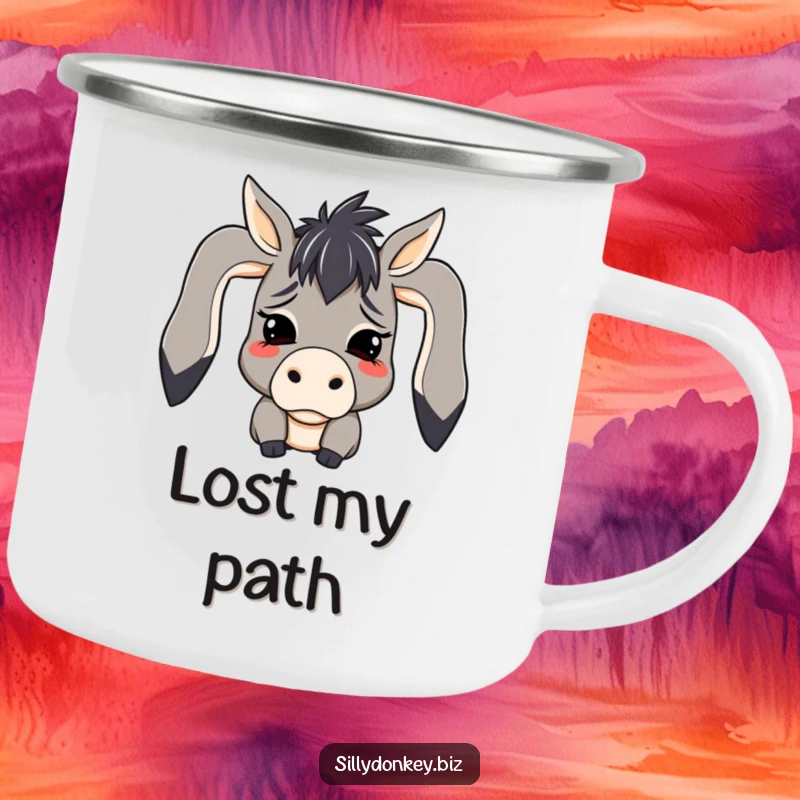 Funny camping mug with a kawaii donkey character in full mock despair, ears flopped, ready for outdoor hydration and humor.