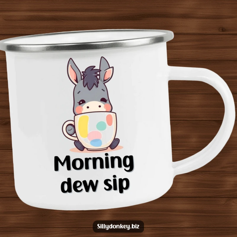Funny camping mug with a kawaii donkey character happily sipping coffee from an abstract mug, ideal for outdoor enjoyment and humor.