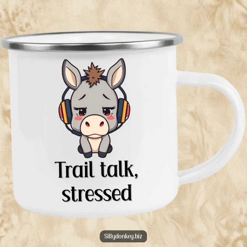 Funny enamel camping mug featuring a stressed but determined kawaii donkey wearing a headset, for outdoor focus.