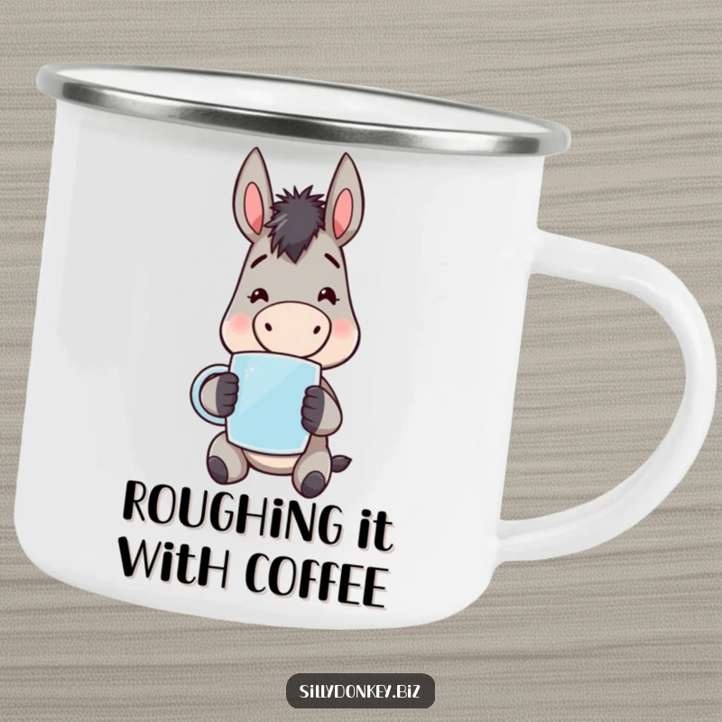 Funny kawaii donkey character holding a mug, looking tired but happy, on a durable enamel camping mug. Outdoorsy humor.