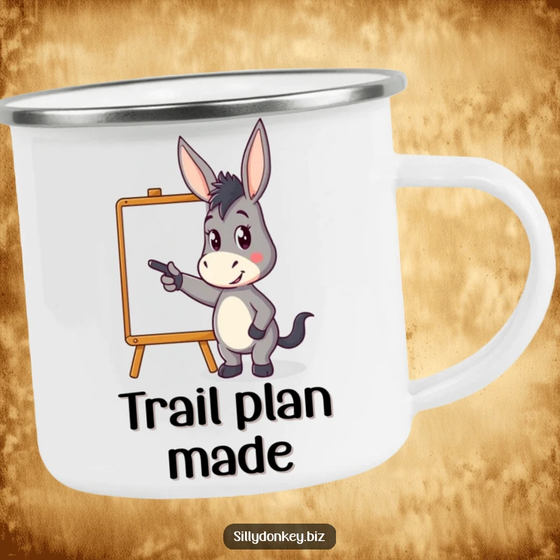 Funny camping mug with a kawaii donkey character pointing energetically at a whiteboard, ideal for outdoor meetings and humorous inspiration.