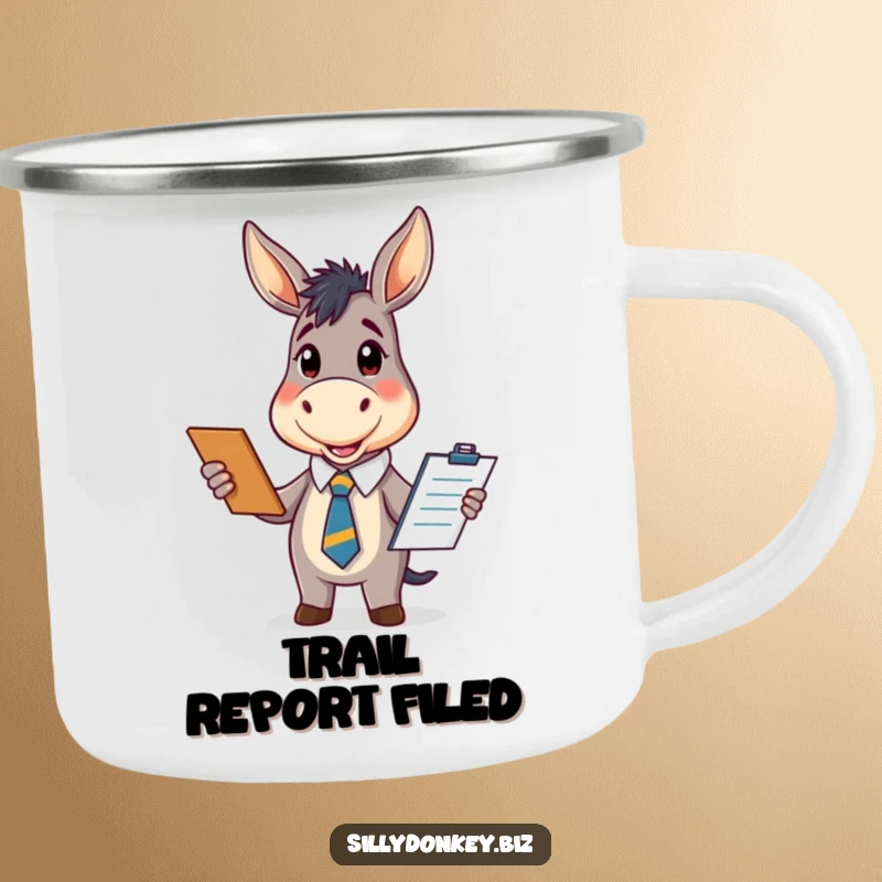 Funny camping mug featuring a kawaii donkey in an office tie, enthusiastically holding a clipboard, durable and stylish for funny outdoor gifts.
