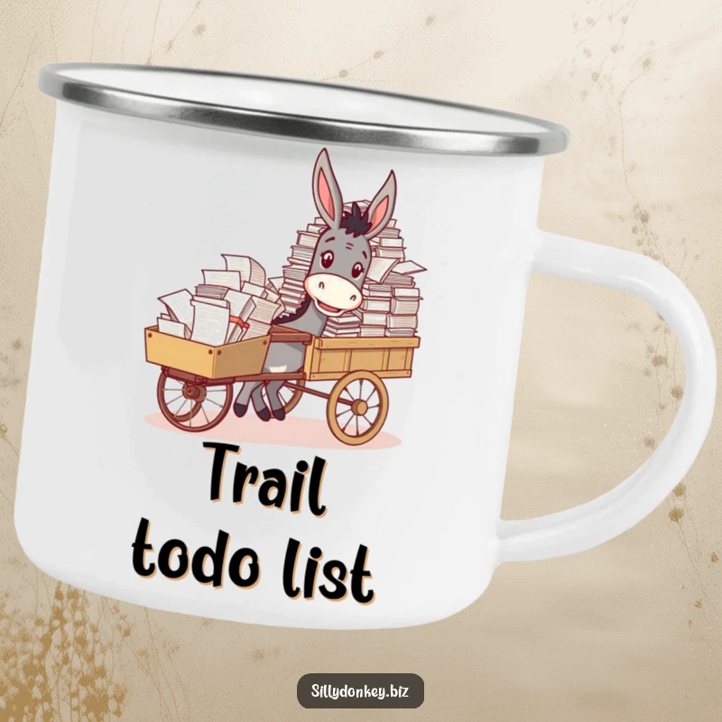 Funny enamel camping mug with a smiling donkey pushing a cart loaded with papers, a humorous outdoor item.