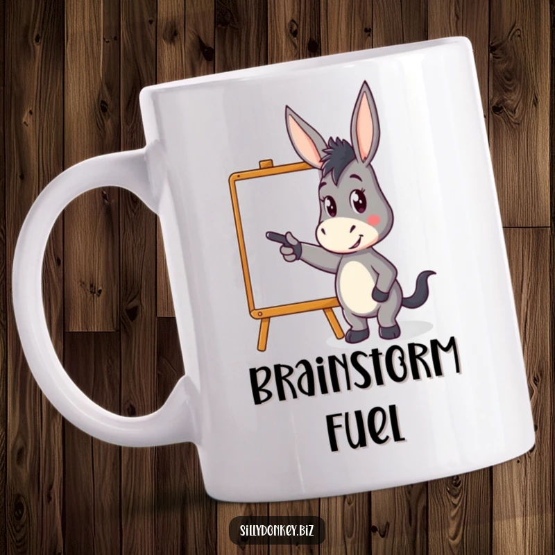 Funny mug with a kawaii donkey character pointing energetically at a whiteboard, embodying presentation, ideas, and humorous leadership.