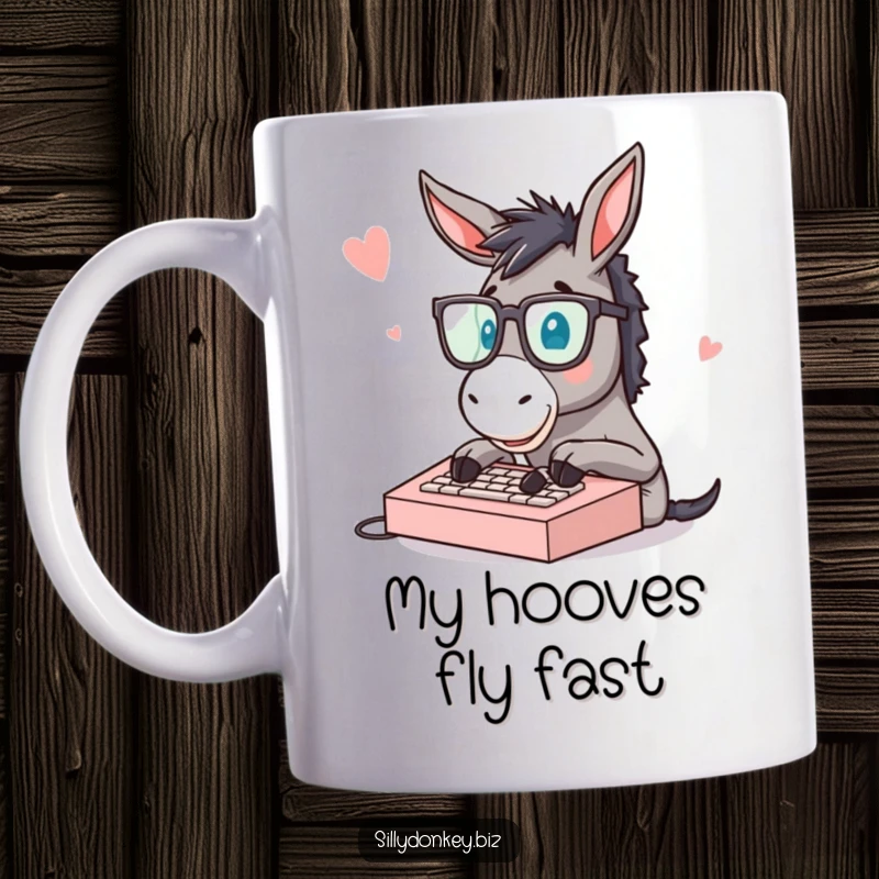 Funny donkey wearing spectacles typing rapidly on a small keyboard, a comical scene for office humor lovers.