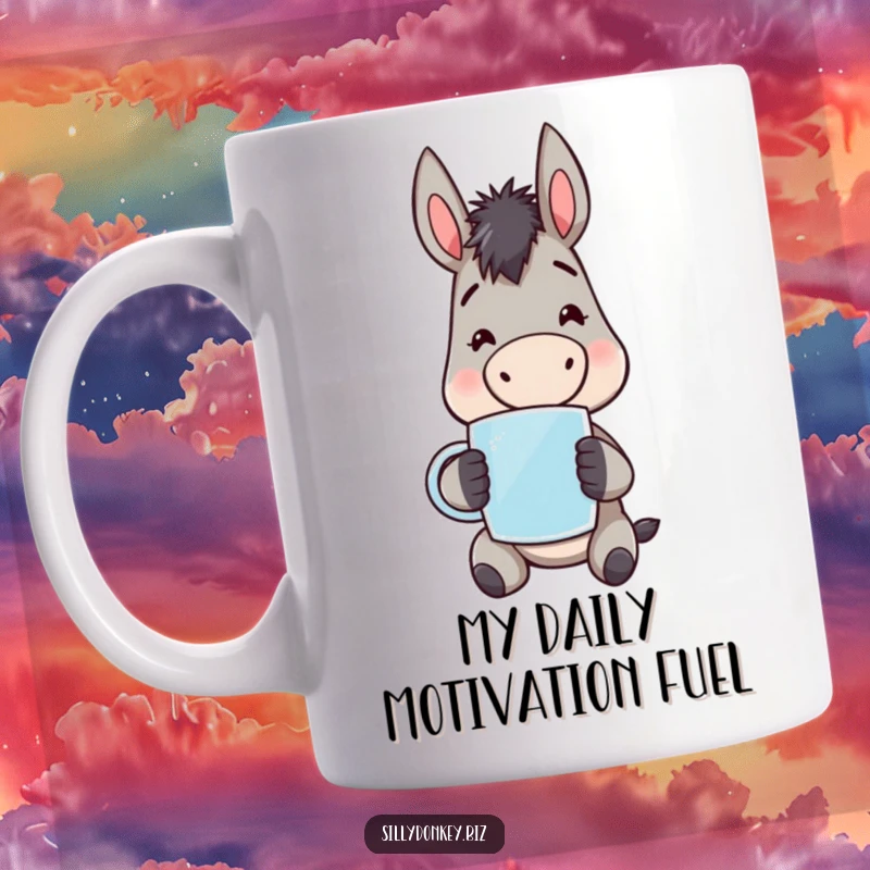 Funny kawaii donkey character with a weary yet cheerful expression, holding a steaming mug. Cute and relatable humor for coffee lovers.