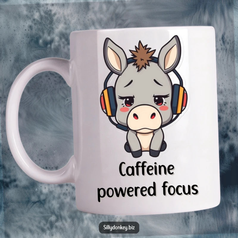 Funny mug featuring a stressed but determined kawaii donkey wearing a headset, symbolizing focus and resilience.
