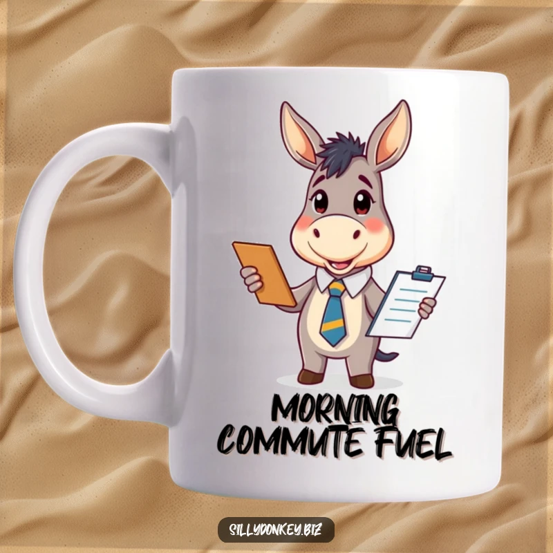 Funny kawaii donkey wearing an office tie and holding a clipboard, looking enthusiastic, perfect for a cute and funny office gift.