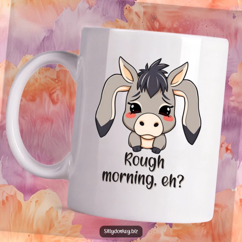 Funny mug with a cute kawaii donkey character whose ears are dramatically flopped over in mock despair, capturing relatable sadness.