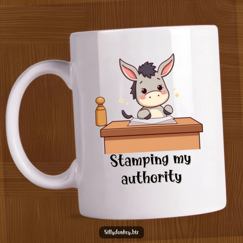 Funny mug featuring a kawaii donkey enthusiastically stamping papers with its hoof, symbolizing productivity and joy.