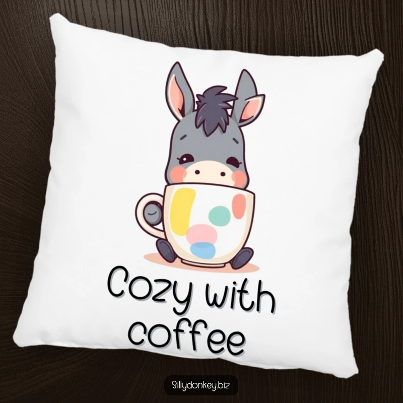 Funny pillow with a kawaii donkey character happily sipping coffee from an abstract mug, designed for comfort and coffee-themed humor.
