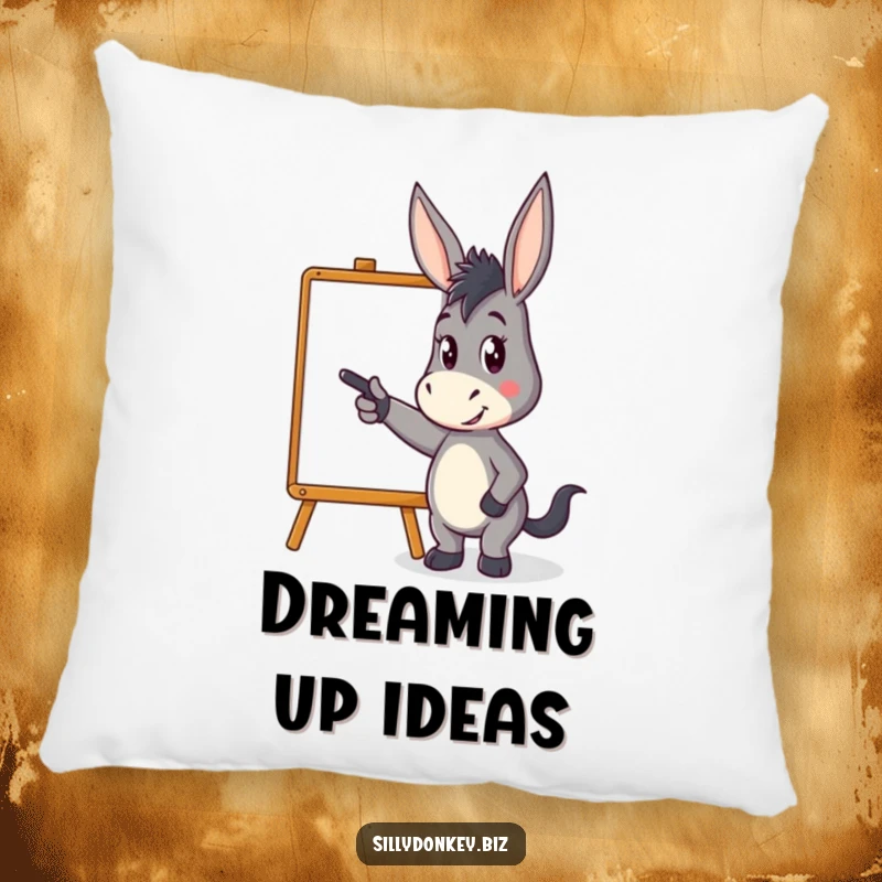 Funny pillow with a kawaii donkey character pointing energetically at a whiteboard, designed for comfort and humorous inspiration.