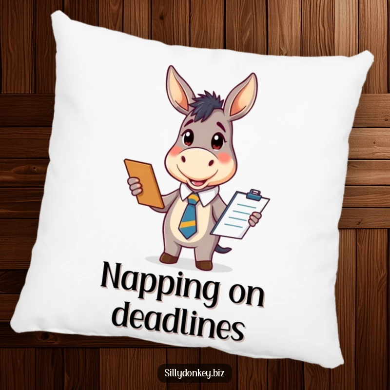 Funny pillow featuring a kawaii donkey in an office tie, enthusiastically holding a clipboard, offering cozy comfort and a funny, cute vibe.