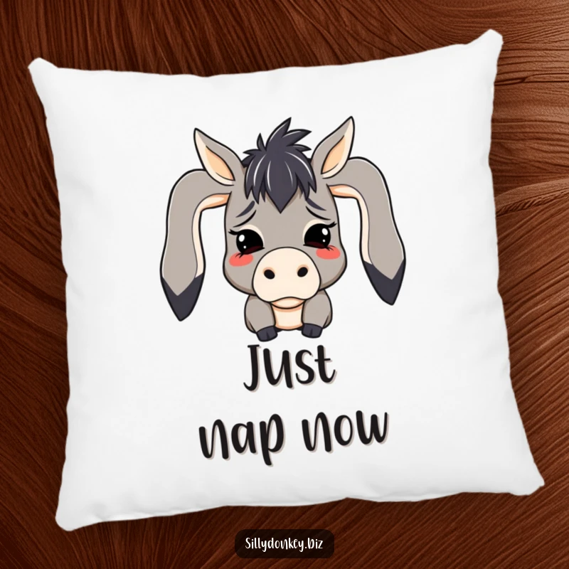 Funny pillow designed with a kawaii donkey character in a state of mock despair, ears dramatically flopped, offering comfort and humor.