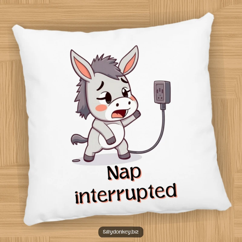 Funny pillow featuring a startled kawaii donkey tripping over a power cord, offering humorous and comforting support.