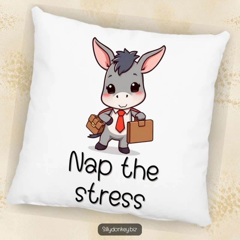 Funny pillow featuring a kawaii donkey in a tie, struggling with a bulging briefcase, offering humorous comfort.