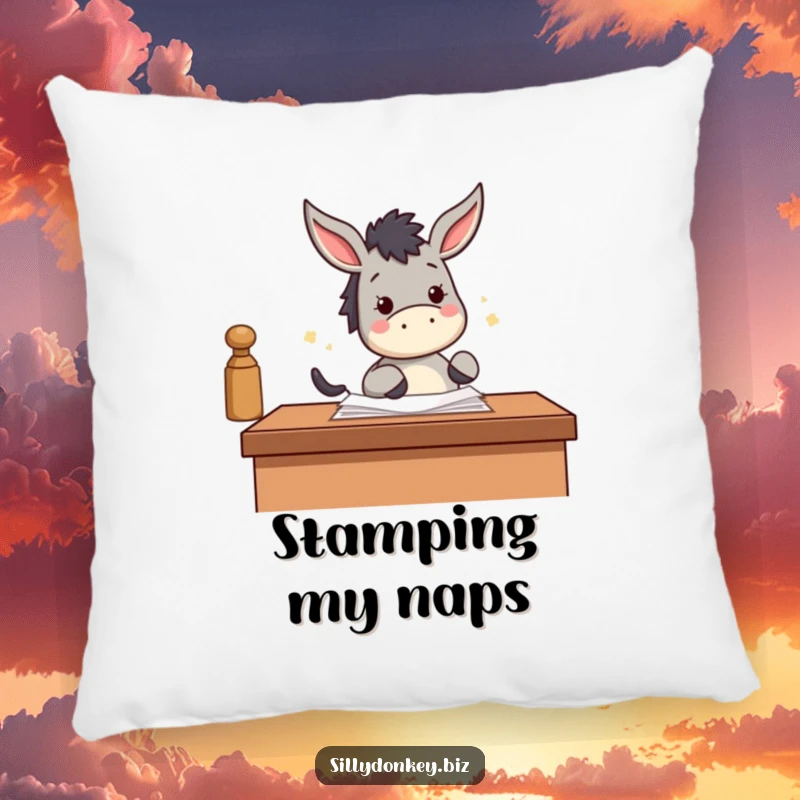 Funny pillow featuring a kawaii donkey enthusiastically stamping papers with its hoof, offering humorous and productive comfort.
