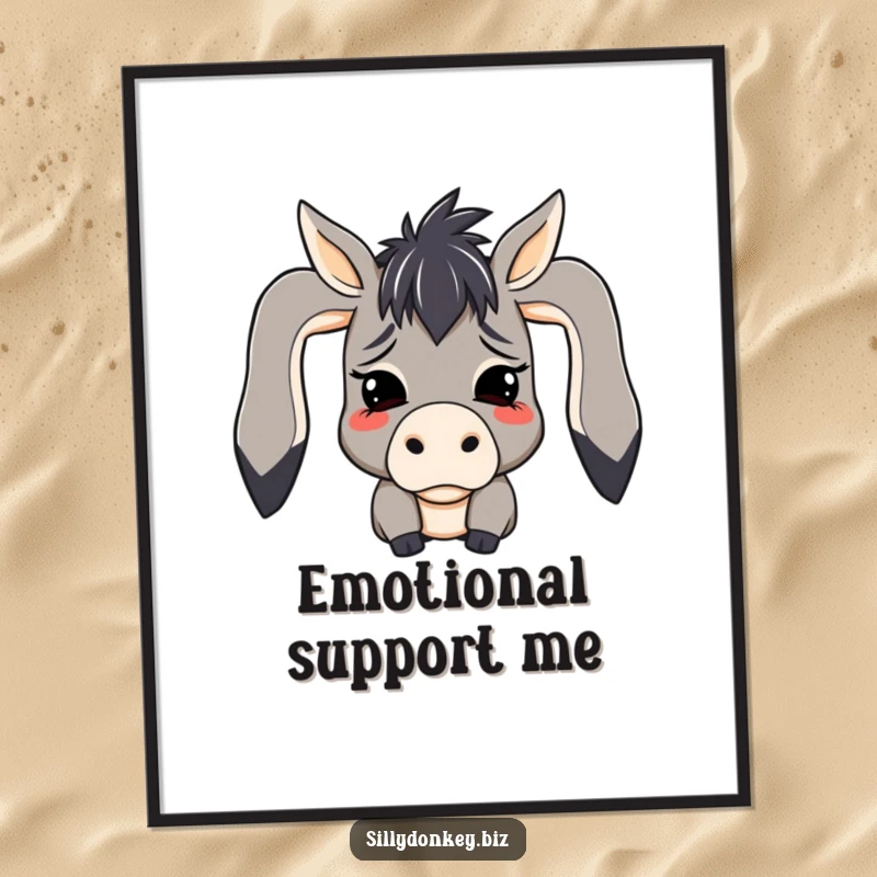 Funny digital art print of a kawaii donkey character in exaggerated mock despair with floppy ears, ideal for humorous wall decor.