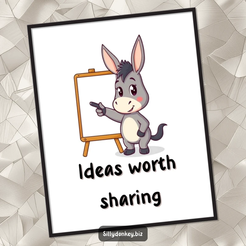 Funny digital art print of a kawaii donkey character pointing energetically at a whiteboard, ideal for motivational and humorous decor.