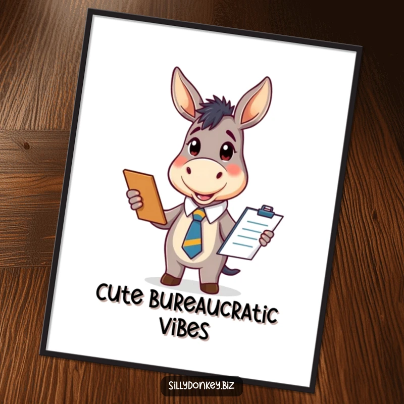 Funny digital art print of a kawaii donkey in an office tie, enthusiastically holding a clipboard, offering instantly downloadable cute and funny wall decor.