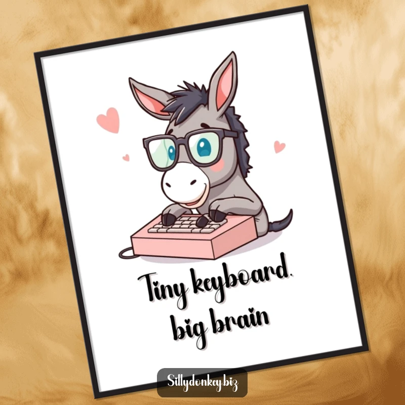 Funny digital art print of a donkey with spectacles typing quickly on a tiny keyboard, great for instant wall decor.