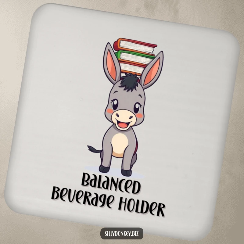 Funny drink coaster featuring a pleased donkey balancing a tall stack of files on its head, for tabletops.
