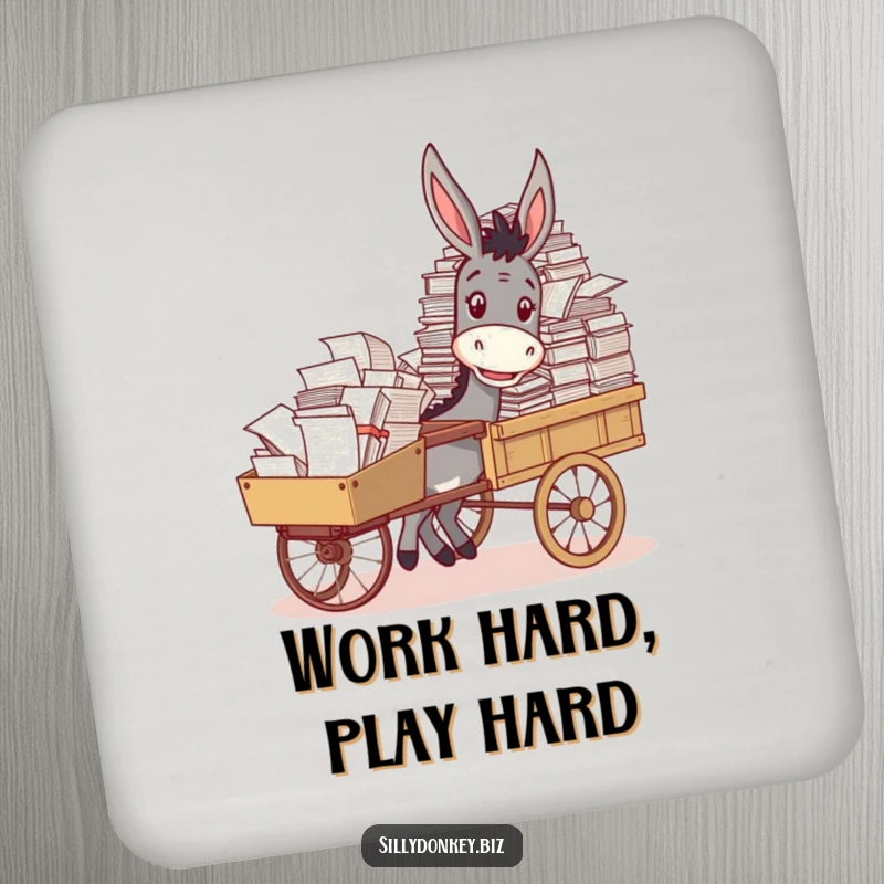 Funny drink coaster featuring a happy donkey pushing a cart piled high with paperwork, perfect for tables.