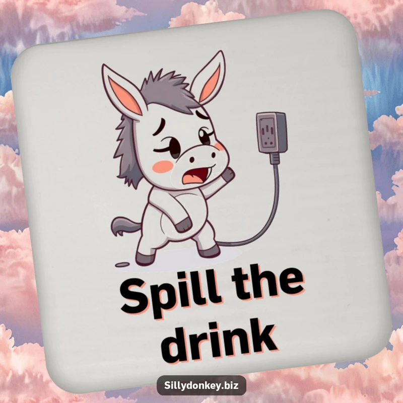 Funny drink coaster with a startled kawaii donkey tripping over a power cord, protecting surfaces.