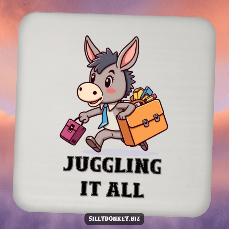 Funny drink coaster with a kawaii donkey character rushing with a briefcase, protecting surfaces with a humorous and charming design.