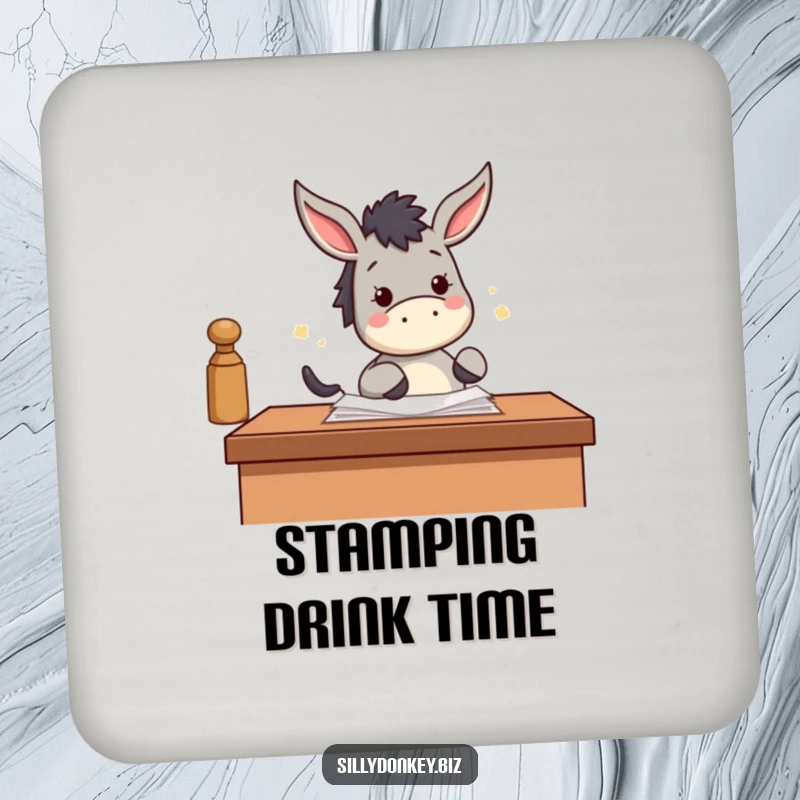 Funny drink coaster with a kawaii donkey enthusiastically stamping papers with its hoof, protecting surfaces.
