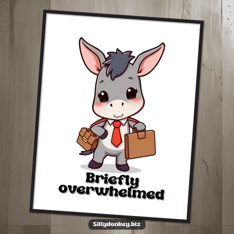 Funny poster artwork of a kawaii donkey sporting a tie, overwhelmed by a bulging briefcase, symbolizing office humor.