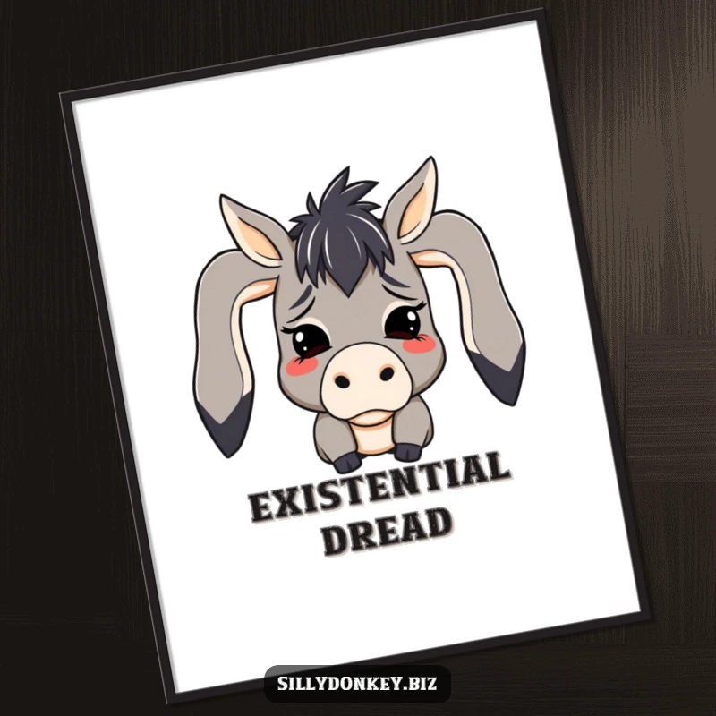 Funny poster depicting a kawaii donkey character with ears flopped in exaggerated mock despair, ideal for adding humorous wall art.