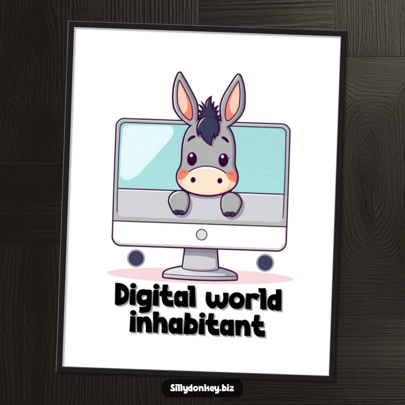 Funny poster featuring a kawaii donkey character peeking over a large computer monitor, symbolizing gaming, technology, and humorous observation.