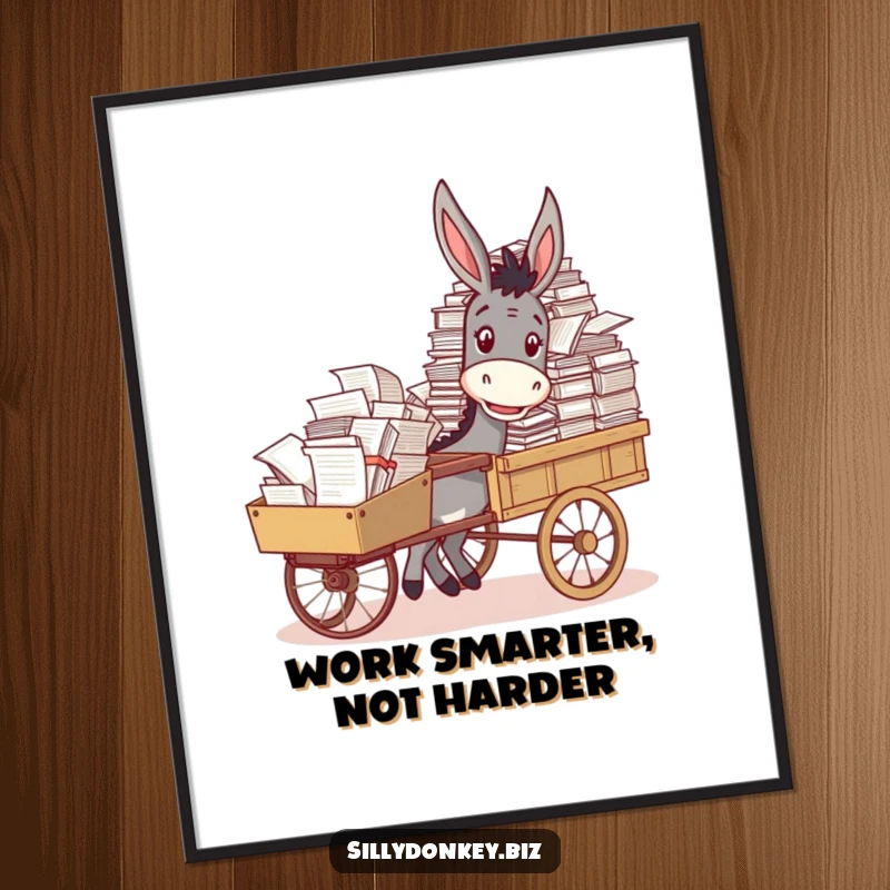 Funny motivational poster illustration of a donkey with a smile pushing a cart piled high with documents.