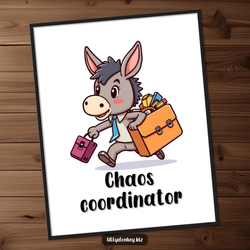 Funny poster featuring a cute kawaii donkey character sprinting with an overflowing briefcase, conveying a humorous sense of urgency and chaos.