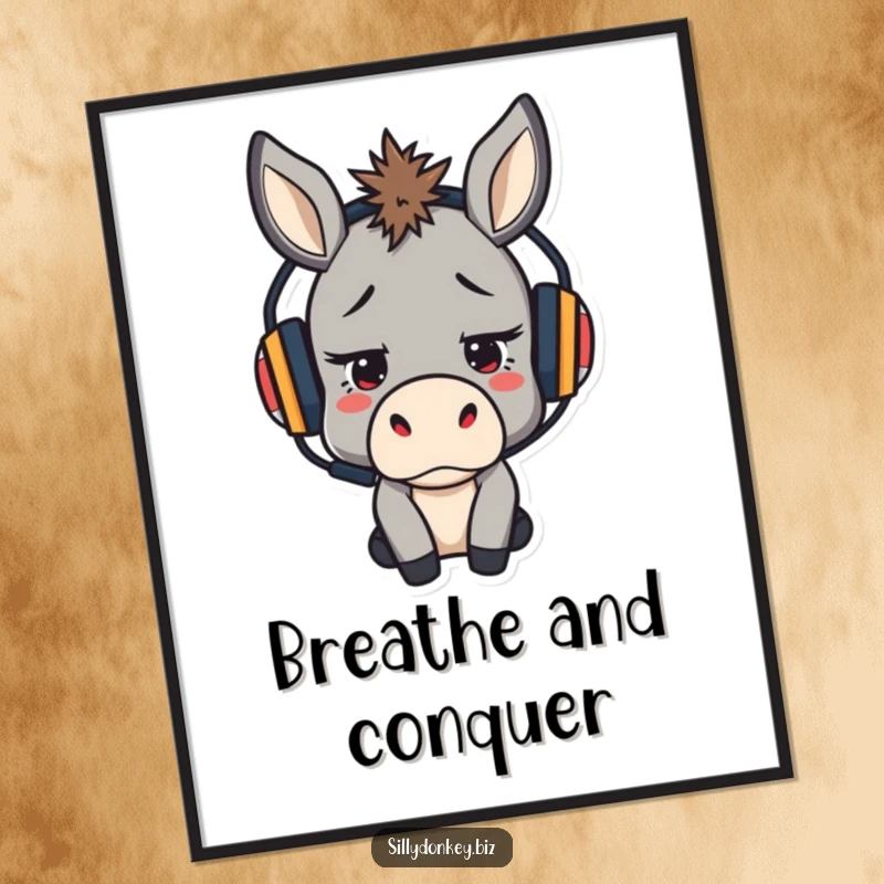 Funny poster artwork of a stressed but determined kawaii donkey wearing a headset, symbolizing focus and resilience.