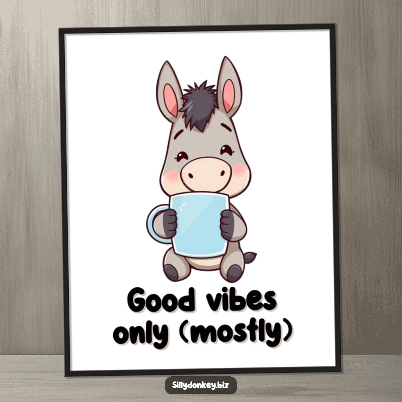 Funny kawaii donkey character holding a mug, expressing weary cheerfulness, displayed as a vibrant art print poster. Cute and funny wall decor.