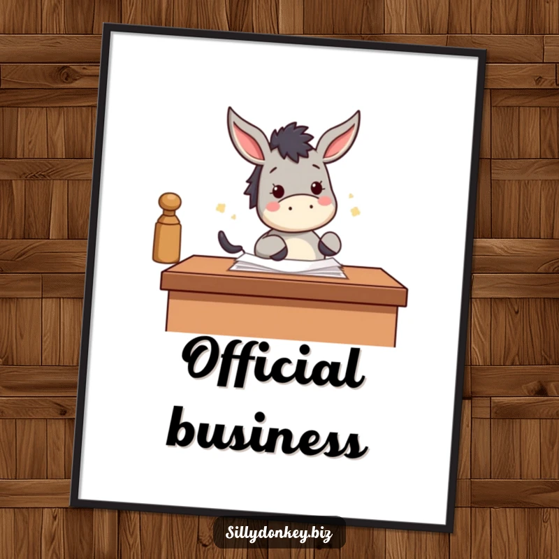 Funny poster artwork of a kawaii donkey happily stamping papers with its hoof, symbolizing cheerful productivity.