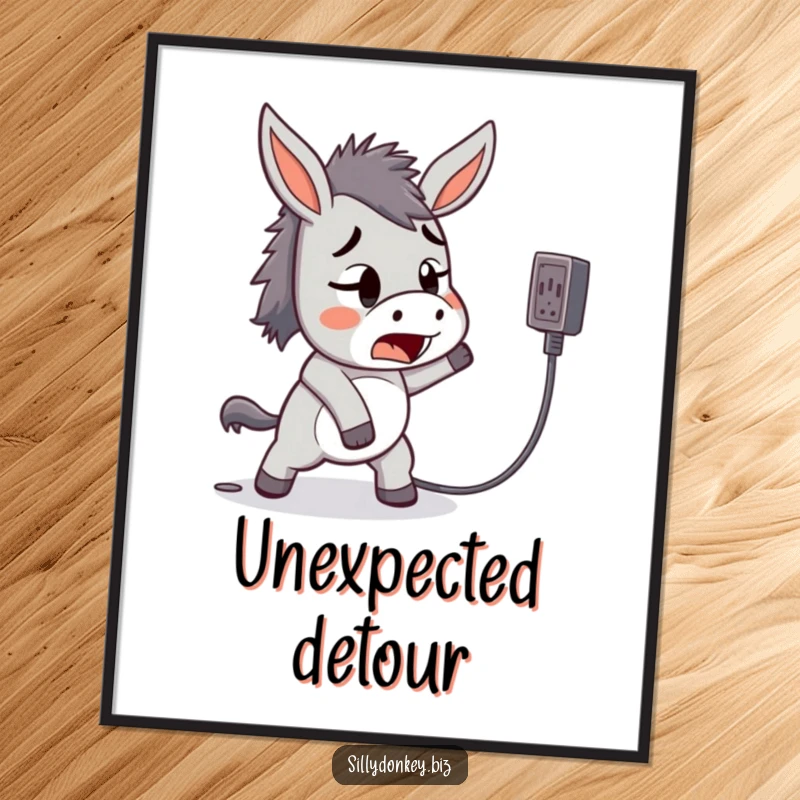 Funny poster artwork of a startled kawaii donkey tripping over a power cord, symbolizing comical accidents.
