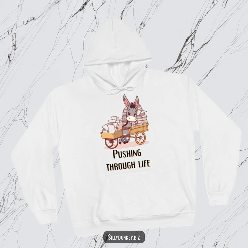 Funny cozy hoodie depicting a smiling donkey pushing a cart overloaded with office papers, a humorous wearable.