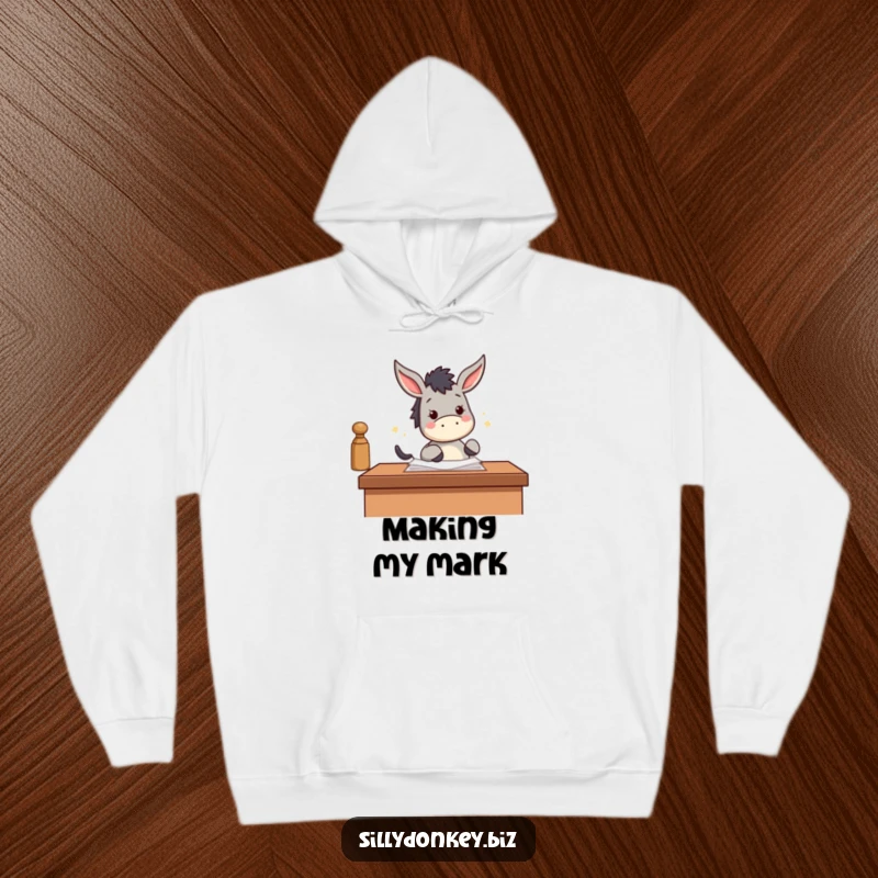 Funny, cozy hoodie featuring a kawaii donkey stamping papers with its hoof, symbolizing enthusiastic productivity and comfort.