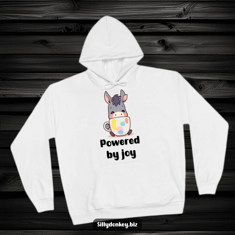 Funny hoodie with a kawaii donkey character contentedly sipping from a coffee mug, perfect for cozy moments and coffee lovers.